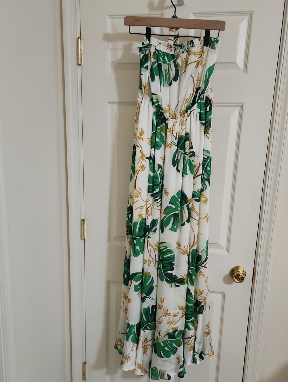 White Tropical Leaf Strapless Maxi Dress - Green & Gold Print